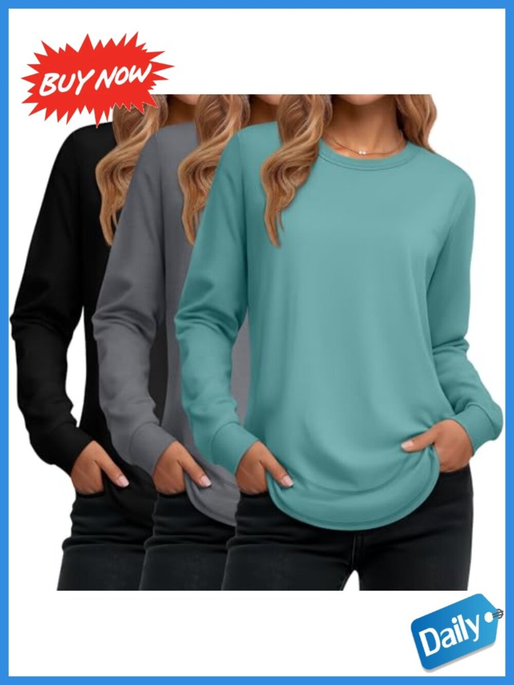 3 Pack Women's Cotton Long Sleeve Crewneck Tunic Sweatshirts